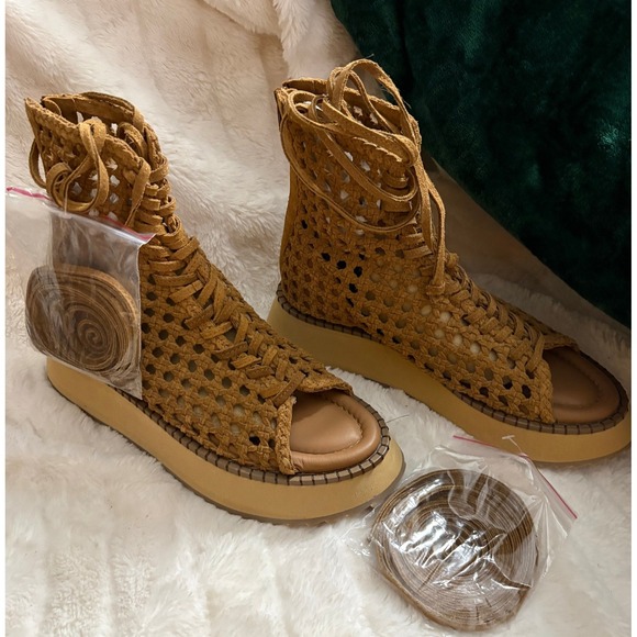 Free People Shoes - Free People Women Woven Lace Up Gladiator Platform Sandals Tan Leather Bootie 8